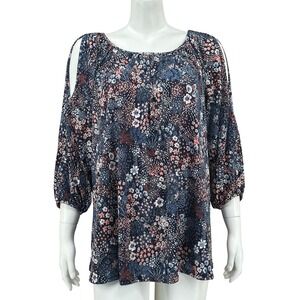 Amana Top Womens 2X Navy‎ Floral Cold Shoulder 3/4 Sleeve Boho Peasant Textured